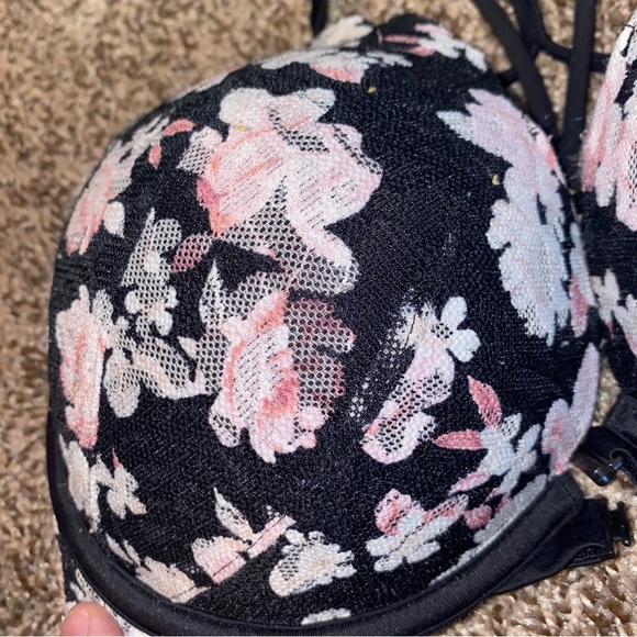 Victoria’s Secret PINK Black & Pink Lacy Front Clasp Push Up Bra 34DD - Picture 2 of 6